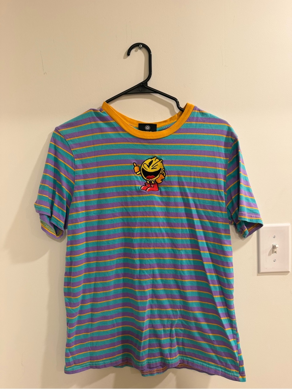 Striped Pac-Man Graphic Tee with Yellow Trim